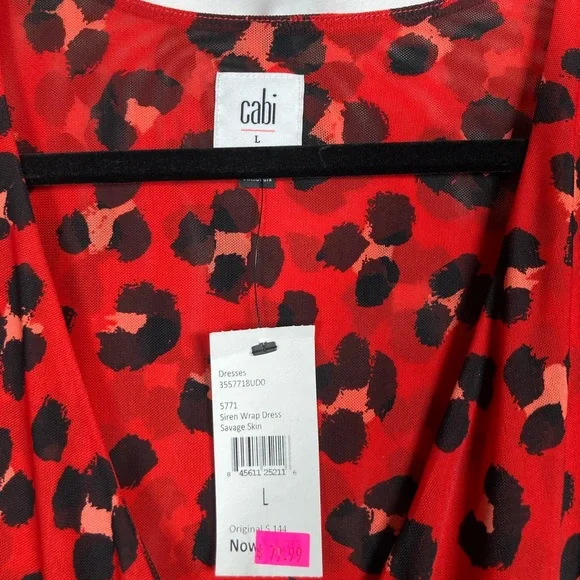 🎄CAbi Siren Wrap Dress Savage Skin: Red and Black Animal Print Midi Dress Sz L - Picture 3 of 7